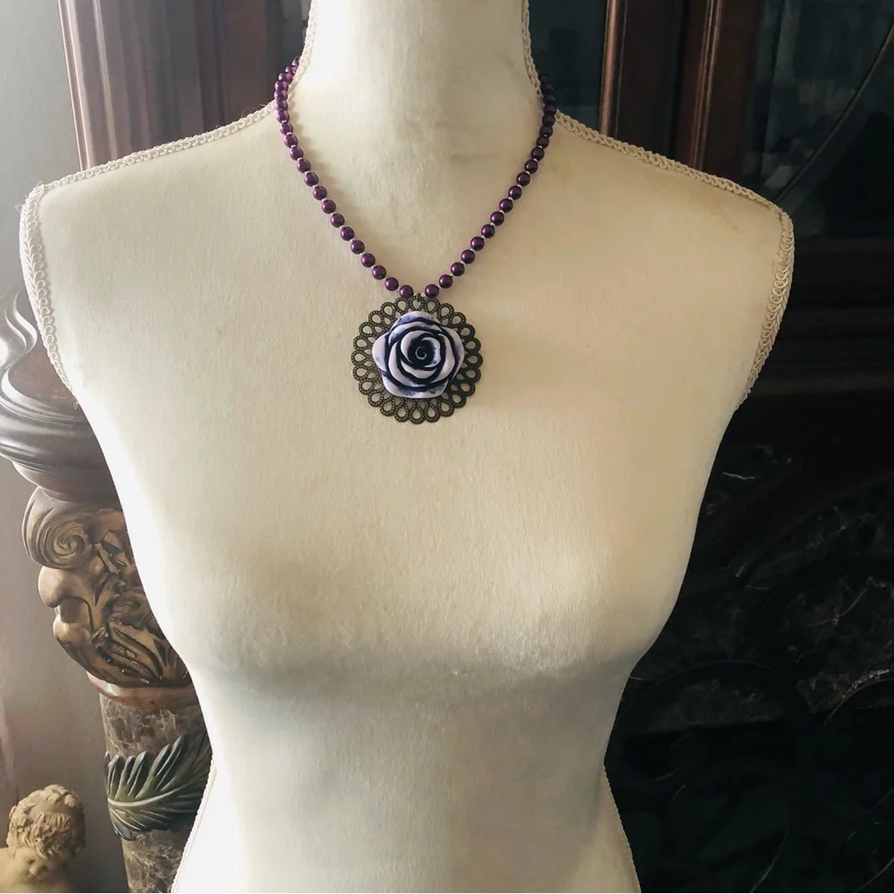 Handcrafted repurpose purple rose filigree pendant Czech glass Pearl necklace